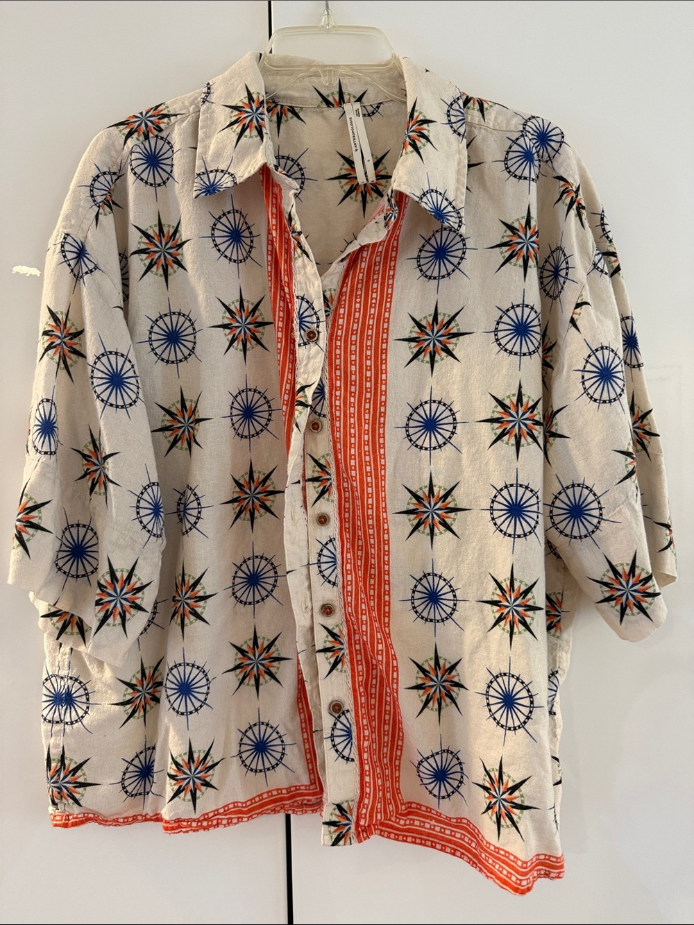 AnthropologieCream Short-Sleeve Button-Up Shirt with Navy & Orange Compass Print